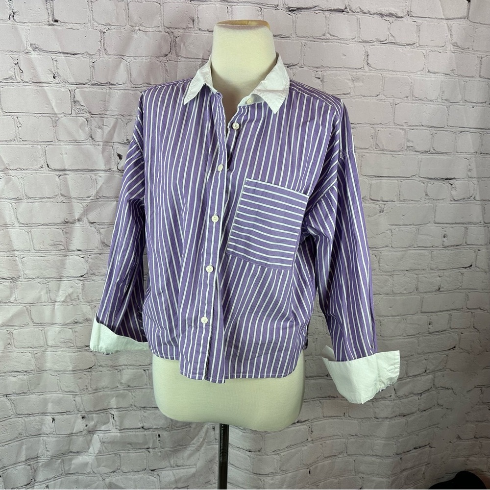 LOFT purple Striped cotton Shirt womens M office polished layer preppy